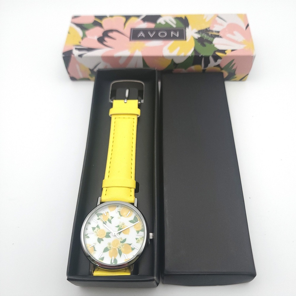 Avon Sunny Days Strap Watch Yellow Lemon Floral Dial Silver Tone Case F4282221